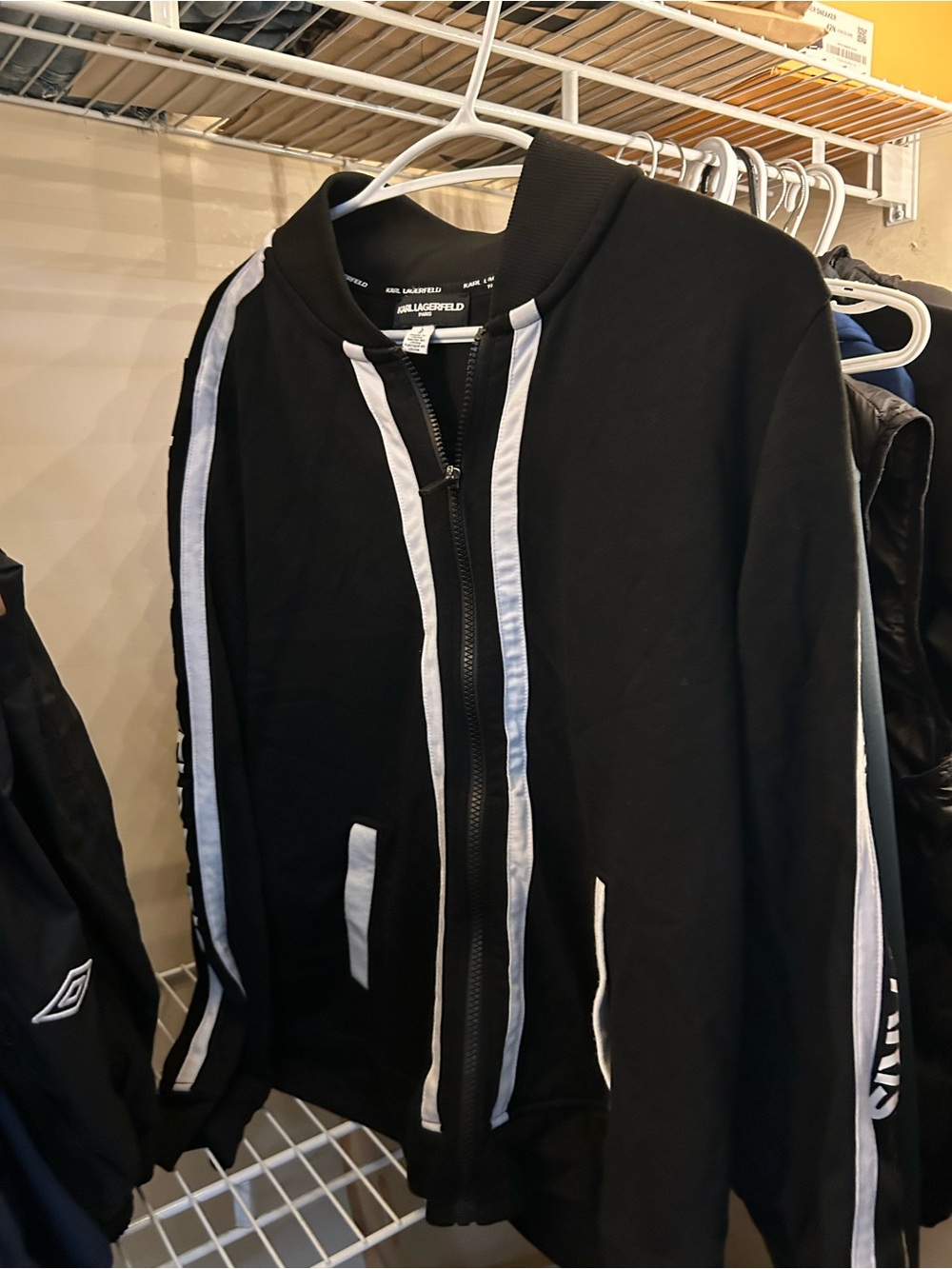 Karl Lagerfeld Black Bomber Jacket with White Stripes